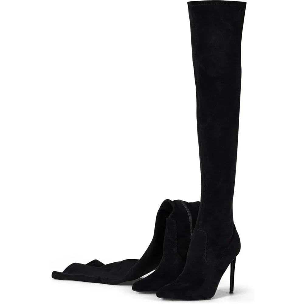 Women Black Suede Pointed Toe 4.3 inch Stilettos Thigh High Heels Stretch Boots